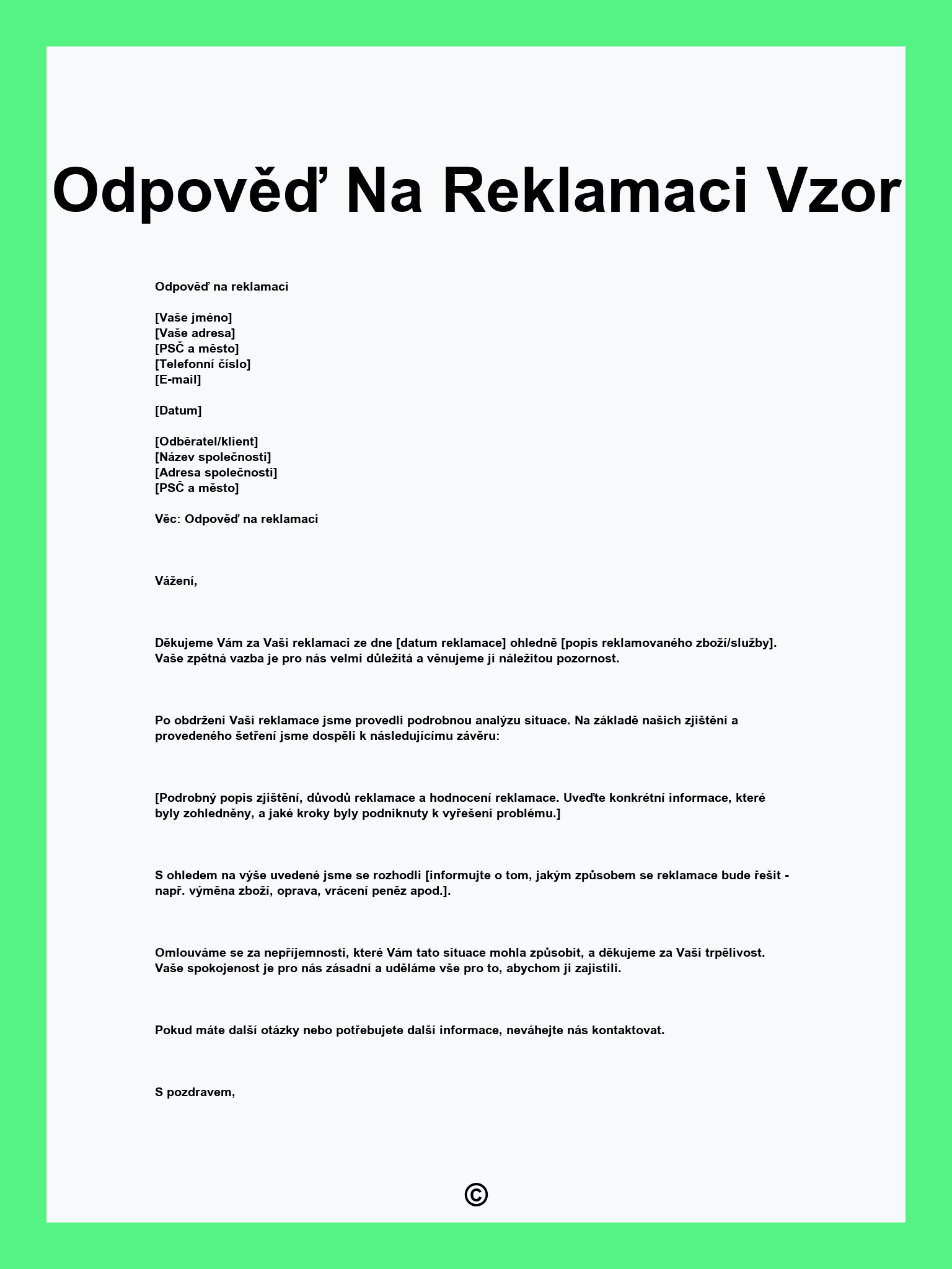 Odpověď Na Reklamaci Vzor