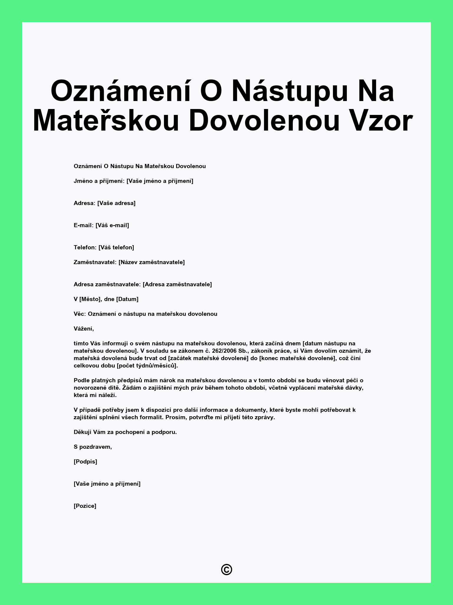 Oznámení O Nástupu Na Mateřskou Dovolenou Vzor