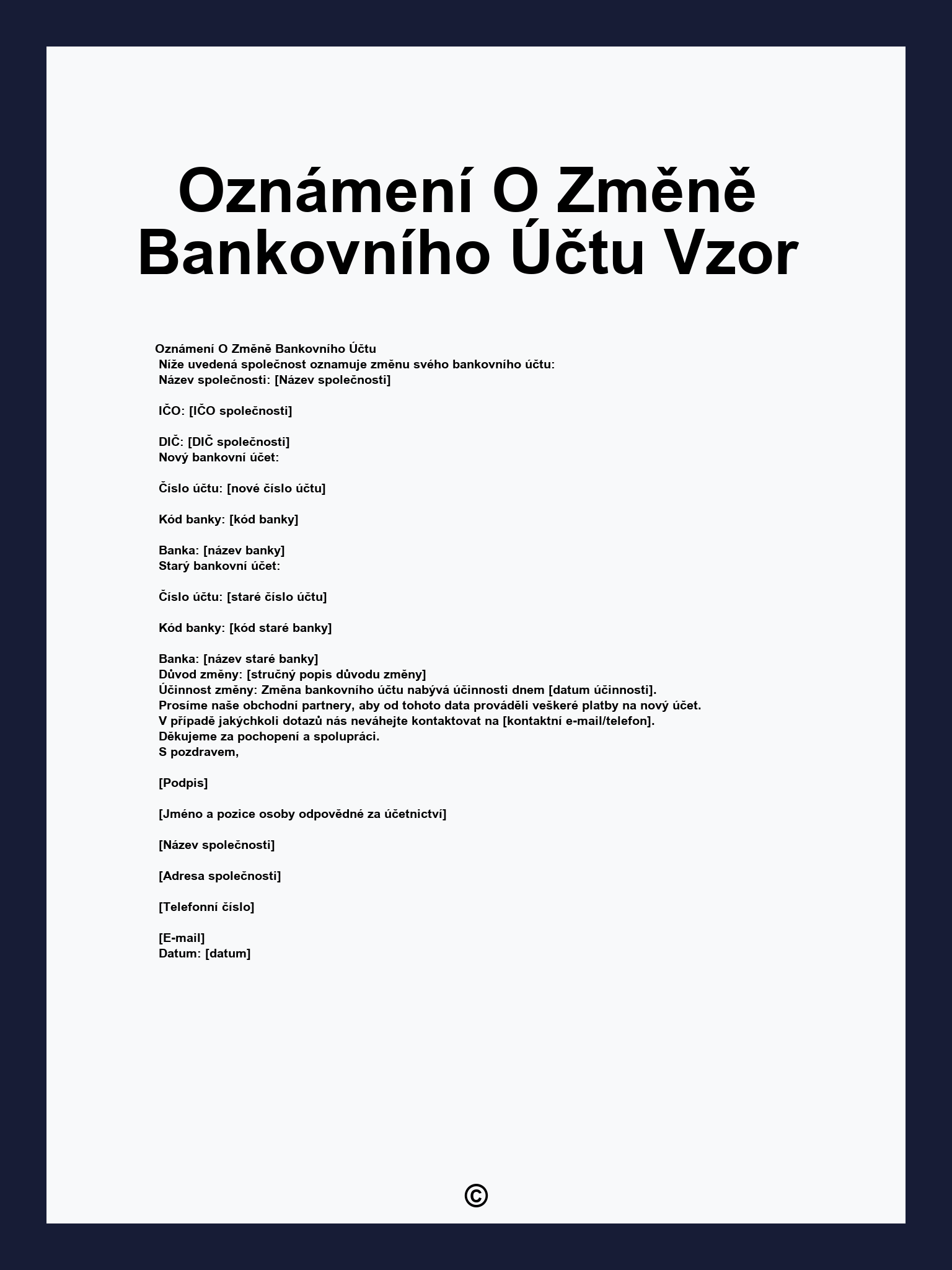 Oznámení O Změně Bankovního Účtu Vzor