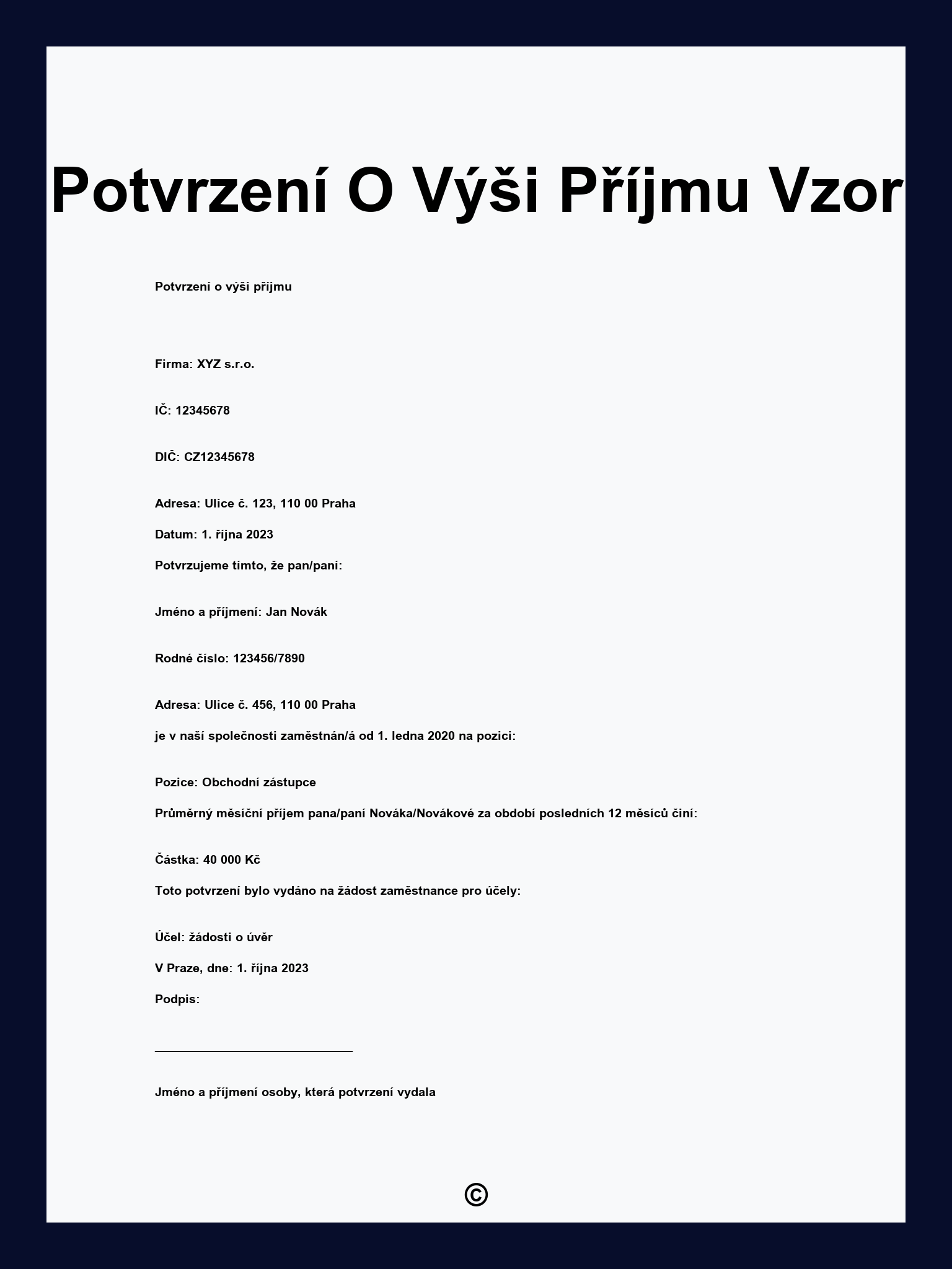 Potvrzení O Výši Příjmu Vzor