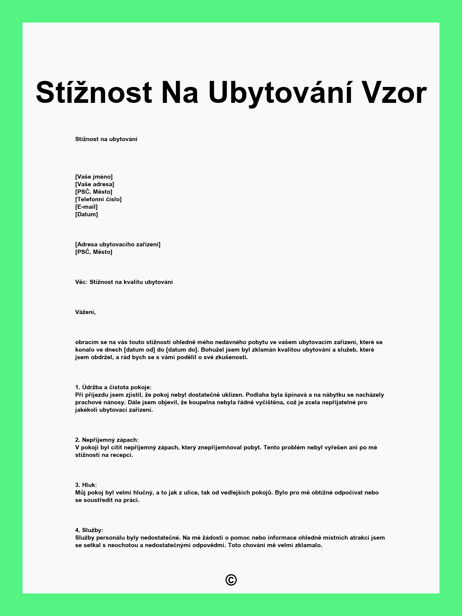 Stížnost Na Ubytování Vzor