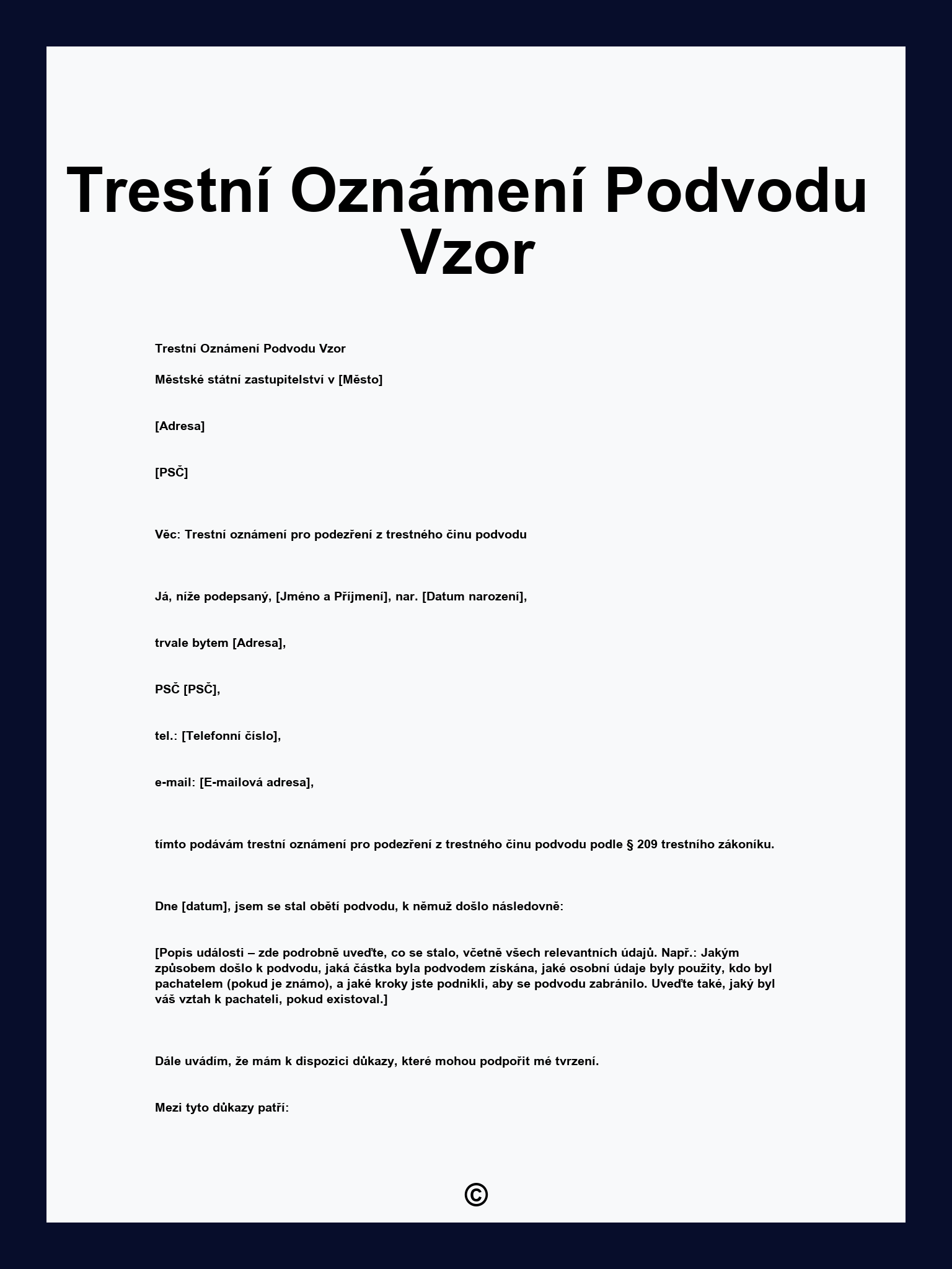 Trestní Oznámení Podvodu Vzor