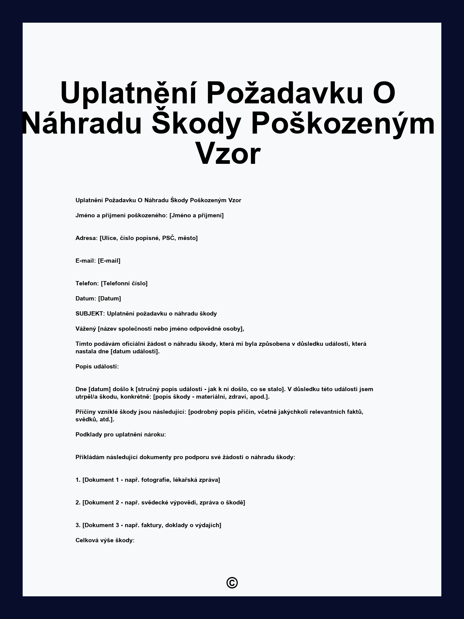 Uplatnění Požadavku O Náhradu Škody Poškozeným Vzor