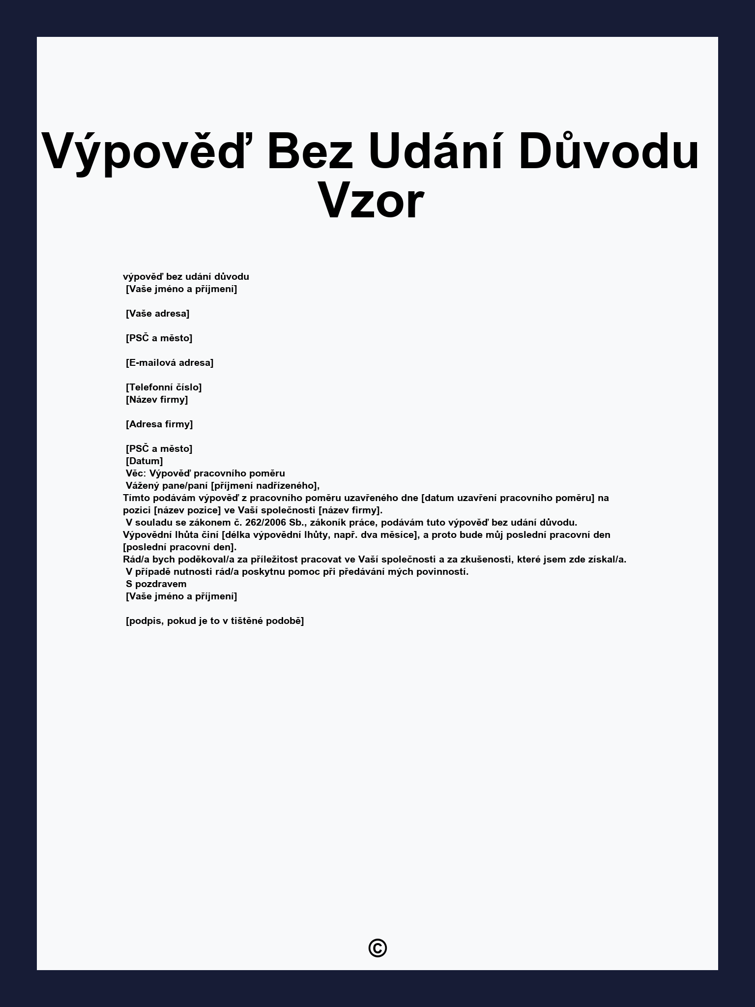 Výpověď Bez Udání Důvodu Vzor