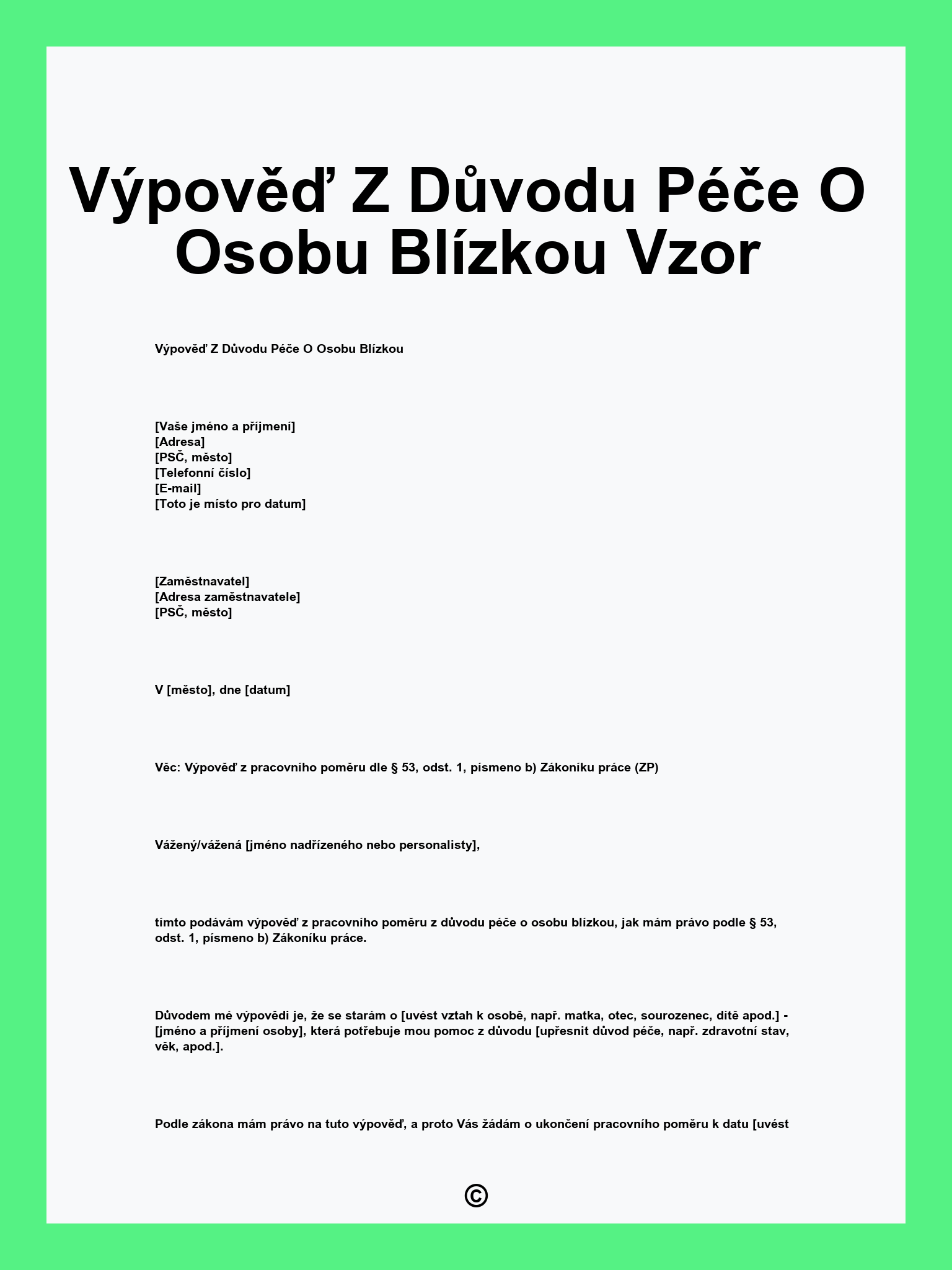 Výpověď Z Důvodu Péče O Osobu Blízkou Vzor
