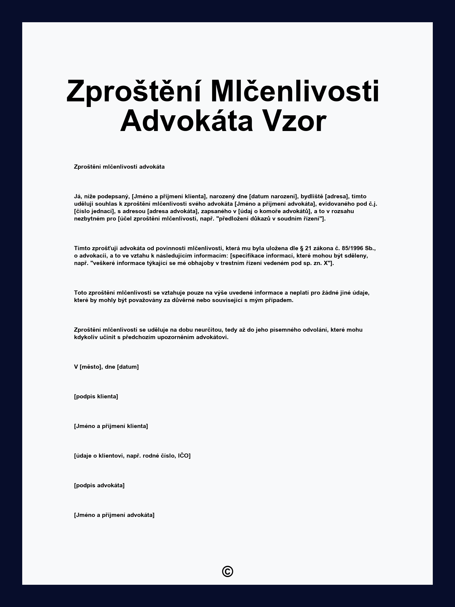 Zproštění Mlčenlivosti Advokáta Vzor